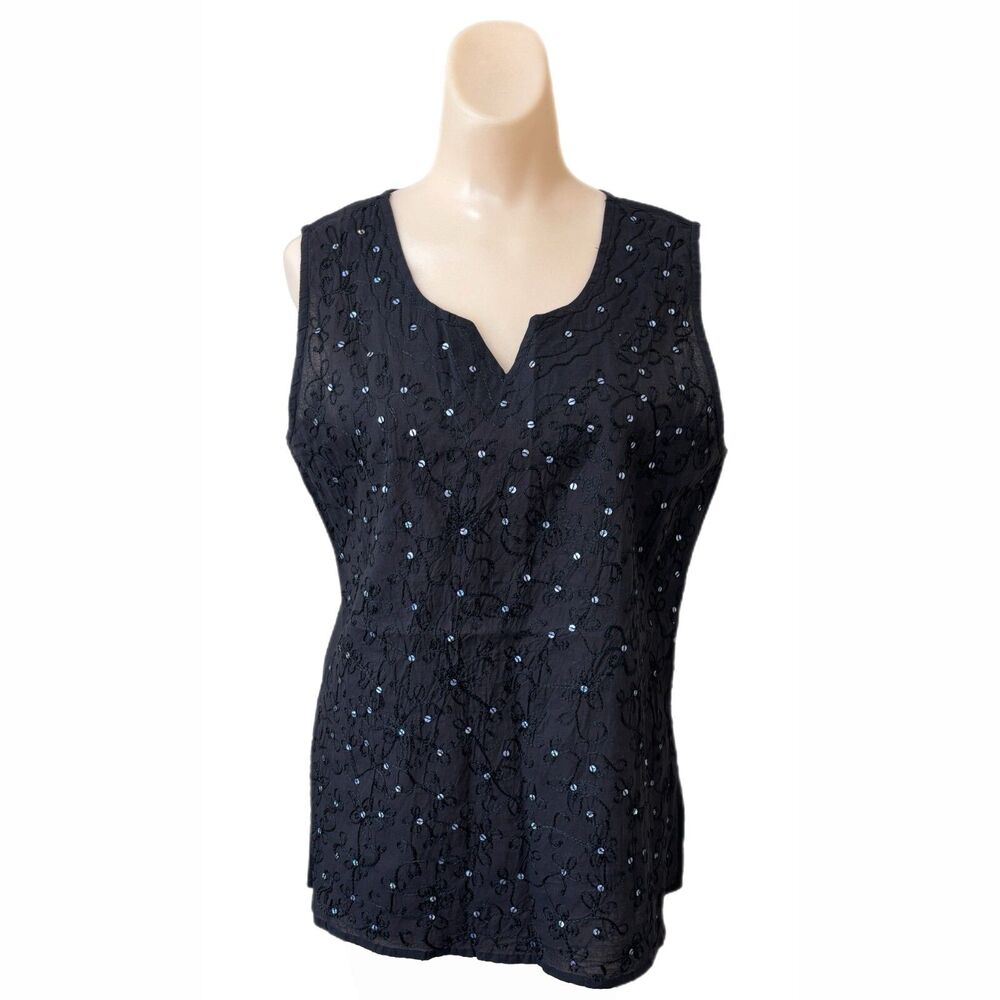 CYN Womens Sequin Tank Top Sz Small Black Embroidered Festival Feminine